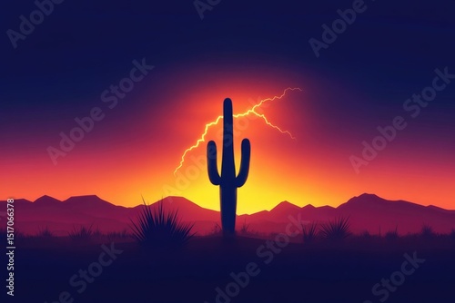 A silhouette of cactus standing against a desert sunset with lightning in the background makes a striking composition.