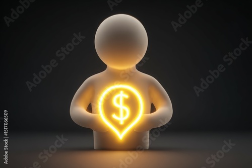 A 3D rendering of a figure holding a glowing dollar sign. The warm light creates a feeling of value and security.