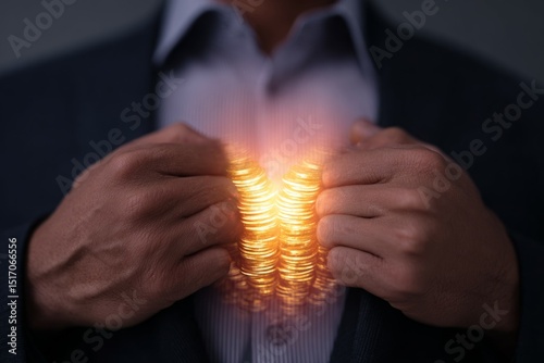 A man in a suit holds glowing stacks of coins to his chest, symbolizing financial success and wealth.