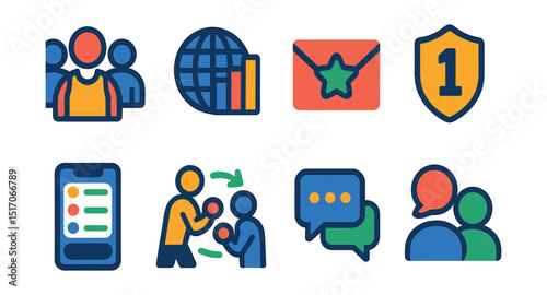 Flat vector icons of community and leaderboard: fitness community group, global leaderboard icon, challenge invitation, rank badge icon, friends list in app, shared workout icon, activity feed, group