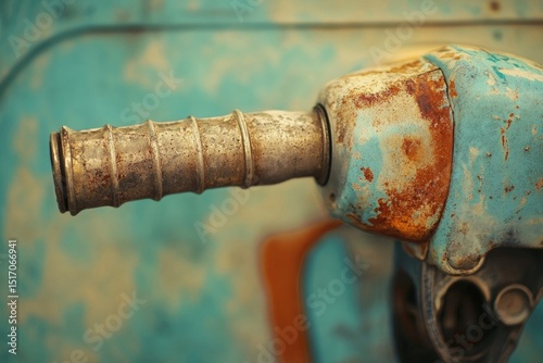 Close-up shot of a vintage rusted and weathered gas pump nozzle with a teal backdrop, showcasing aging details.