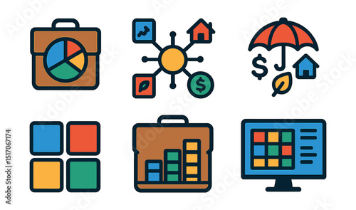 Flat vector icons of portfolios and diversification: pie chart portfolio, diversified assets symbol, risk spread icon, asset allocation bar, multi-sector investment icon, balanced strategy icon,