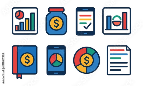 Flat vector icons of budgeting and money management: monthly budget chart, savings jar icon, expense tracker screen, income vs expense graph, budget planner notebook, budgeting app, cost allocation
