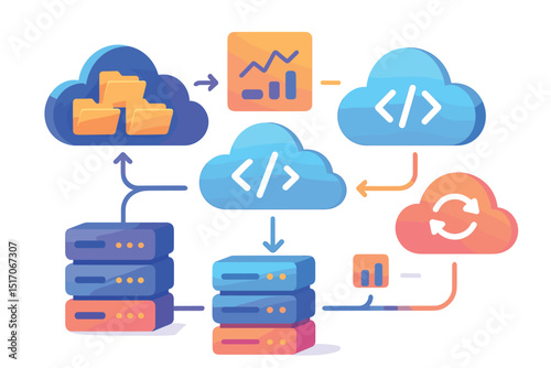Cloud computing diagram with a blue cloud on the left