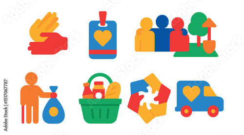 Flat vector icons of volunteering and community action: helping hands icon, volunteer badge, community support group, local project icon, cleanup event symbol, food drive basket, teamwork circle,
