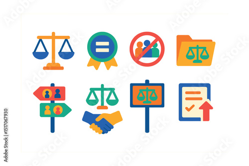 Flat vector icons of equality and justice: balance scale icon, equal rights badge, anti-discrimination symbol, legal aid folder, inclusive signpost, fairness agreement icon, justice campaign board,