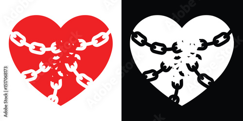Split heart illustration with chains breaking inside each half, symbolizing emotional freedom. Red and white hearts on contrasting backgrounds. Ideal for concept and editorial use.