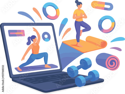 Laptop screen shows two women doing yoga poses