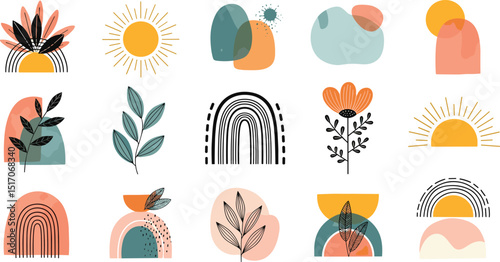 Abstract art shapes and spots. Minimalism. Vector illustrations of dots, sketch of sun, leaf, abstraction, strokes, texture, uneven lines, icons, paint strokes for banner, interior poster or design