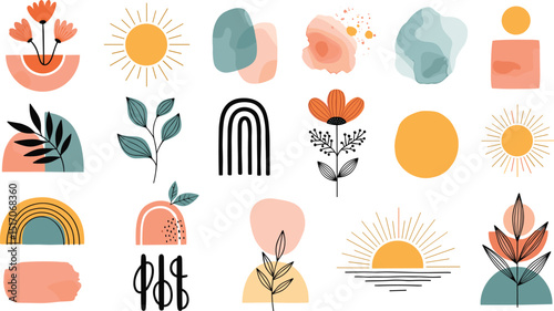 Abstract art shapes and spots. Minimalism. Vector illustrations of dots, sketch of sun, leaf, abstraction, strokes, texture, uneven lines, icons, paint strokes for banner, interior poster or design