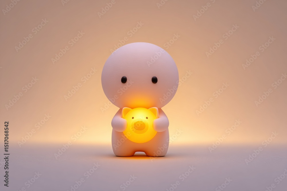 Adorable 3D rendered illustration of a cute, round character gently holding a glowing pig. Warm, comforting, and heartwarming. Adorable 3D rendered illustration of a cute, round character gently holding a glowing pig. Warm, comforting, and heartwarming.