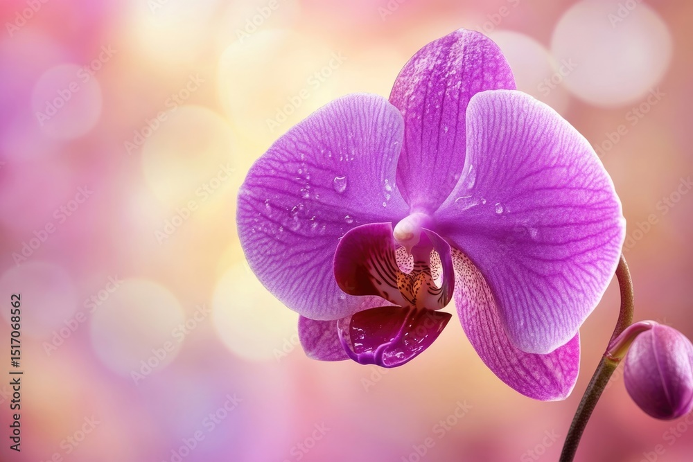 Fototapeta premium A close-up of a vibrant purple orchid with dew drops, set against a soft, bokeh background.