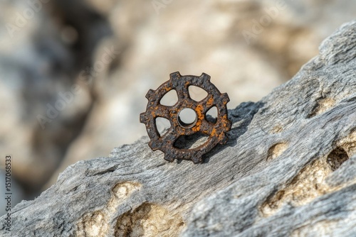 A rusted gear rests on weathered wood, highlighting age and decay in a natural setting.