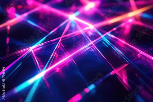 Abstract shot of intersecting luminous pink and blue lines on a dark, reflective surface creating a futuristic ambiance.