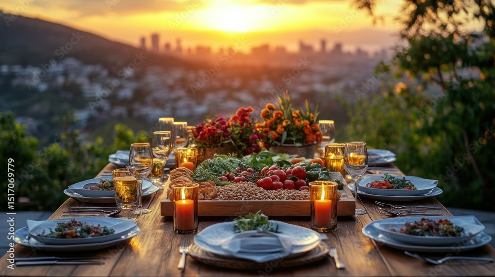 Fototapeta premium Outdoor dinner party at sunset overlooking city