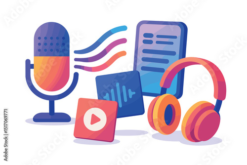 Colorful image of a microphone, headphones, and a tablet with a book on it