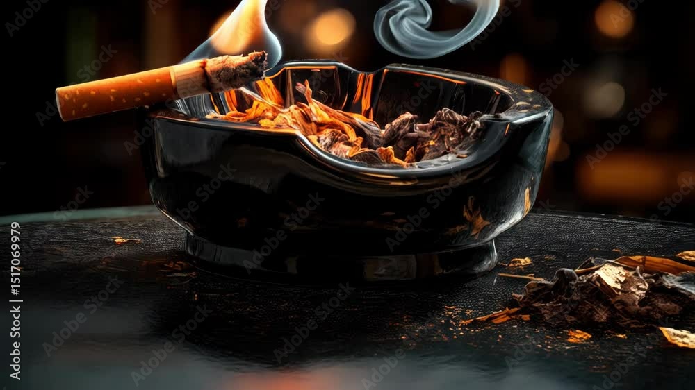 Smoldering cigarette rests in ashtray, smoke rising against a dark backdrop with warm bokeh lighting