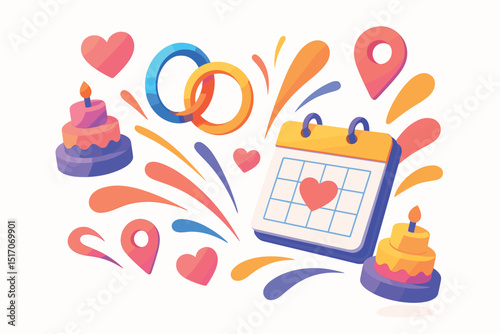Colorful calendar with a heart on it and a cake and a ring on it