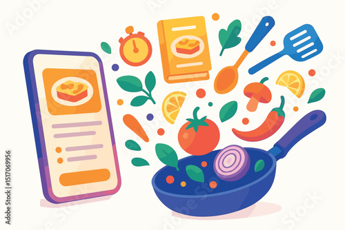 Phone screen shows a recipe for a meal with a pan of food in the background