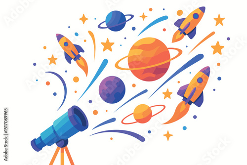 Colorful space scene with planets and rockets