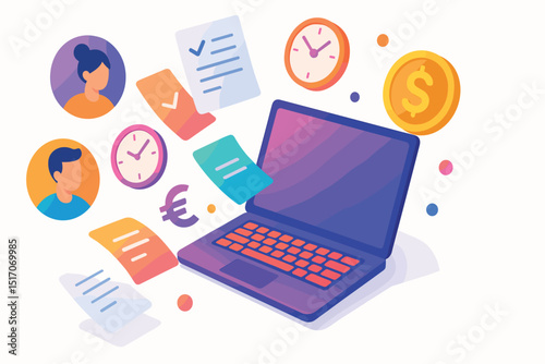 Laptop with a bunch of papers and a clock on it