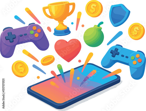 Cell phone screen with a game on it and a heart and a trophy