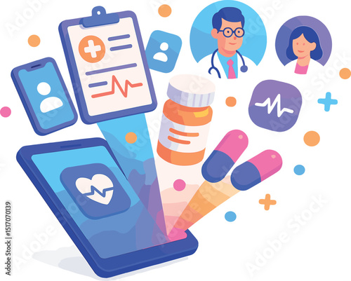 Tablet with a heart on it and a bunch of pills and a doctor