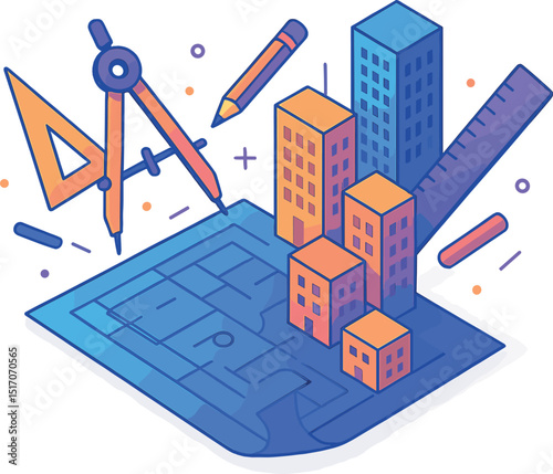 Drawing of a city with buildings and a ruler