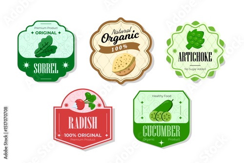 Different retro vegetables banner and labels. Packaging tags with sorrel, radish, cucumber, artichoke. Set of seasonal vegetables labels stickers and marks or badges template for packaging