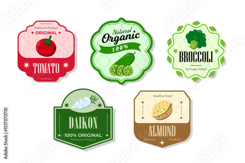 Different retro vegetables banner and labels. Packaging tags with tomato, daikon, almond, broccoli. Set of seasonal vegetables labels stickers and marks or badges template for packaging