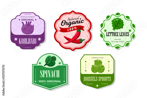 Different retro vegetables banner and labels. Packaging tags with kohlrabi, spinach, brussels sprouts, lettuce. Set of seasonal vegetables labels stickers and marks or badges template for packaging