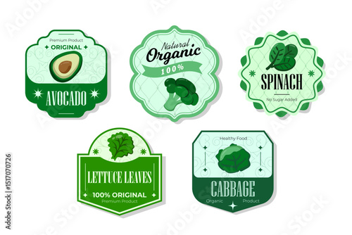 Different retro vegetables banner and labels. Packaging tags with avocado, lettuce, cabbage,spinach. Set of seasonal vegetables labels stickers and marks or badges template for packaging