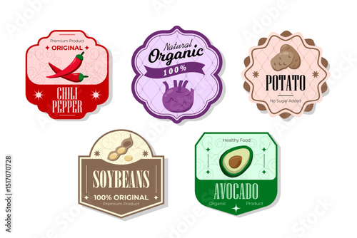 Different retro vegetables banner and labels. Packaging tags with potato, avocado, soybeans, chili. Set of seasonal vegetables labels stickers and marks or badges template for packaging