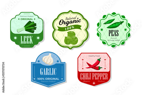 Different retro vegetables banner and labels. Packaging tags with chili, garlic, leek, peas. Set of seasonal vegetables labels stickers and marks or badges template for packaging