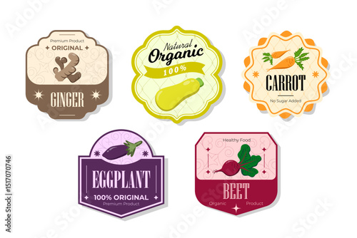 Different retro vegetables banner and labels. Packaging tags with ginger, beet, eggplant, carrot. Set of seasonal vegetables labels stickers and marks or badges template for packaging
