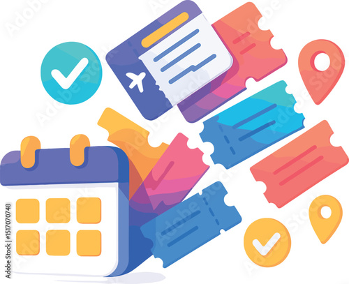 Calendar with a check mark on it and a bunch of tickets scattered around it