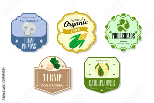 Different retro vegetables banner and labels. Packaging tags with cauliflower, fiddleheads, turnip, champignons. Set of seasonal vegetables labels stickers and marks or badges template for packaging