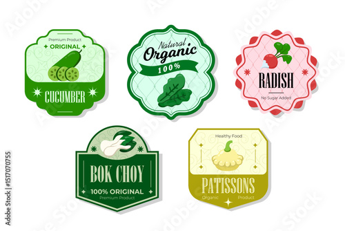 Different retro vegetables banner and labels. Packaging tags with radish, patissons, bok choy, cucumber. Set of seasonal vegetables labels stickers and marks or badges template for packaging