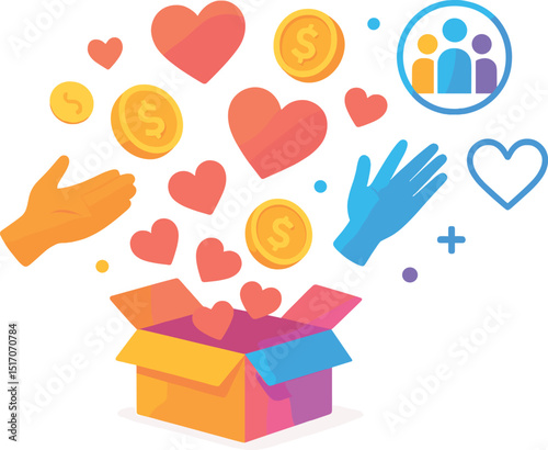 Box with a bunch of coins and hearts in it