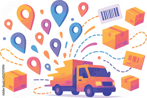 Truck is driving through a city with many boxes and packages