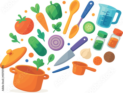Colorful illustration of various kitchen utensils and vegetables