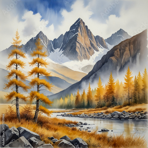 Watercolor of the Kodar Mountains in eastern Siberia during autumn, with bright golden larch forests standing out against dramatic rocky peaks and early snow dusting the ground