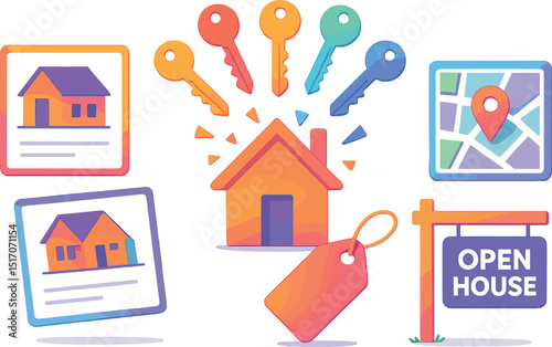 House is surrounded by keys and a sign that says "Open House"