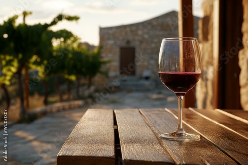  Wine tasting at sunset in Naoussa vineyard, Greece - glass of red wine on rustic table amidst vines and stone house