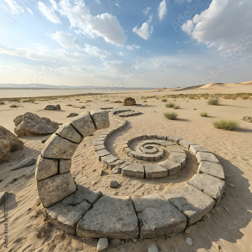 stone spiral art installation in arid desert lands