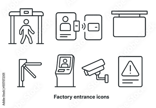 Factory entrance icon set in linear style. entry and security symbols