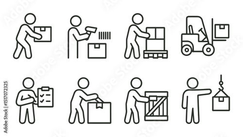 Logistics and warehouse linear icon set. inventory management and shipping symbols