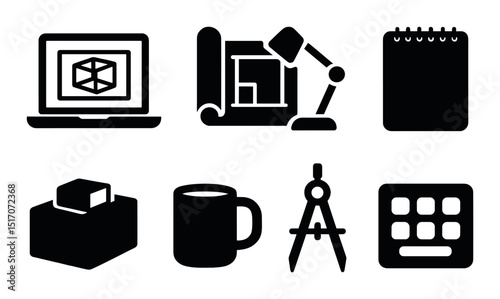 Office and work silhouette icon set. business and productivity symbols