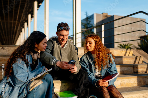 Three cheerful university students are sitting on campus steps, sharing content on a smartphone and enjoying the sunny day