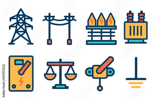 Electricity and power flat icon set. energy and utility symbols for design projects